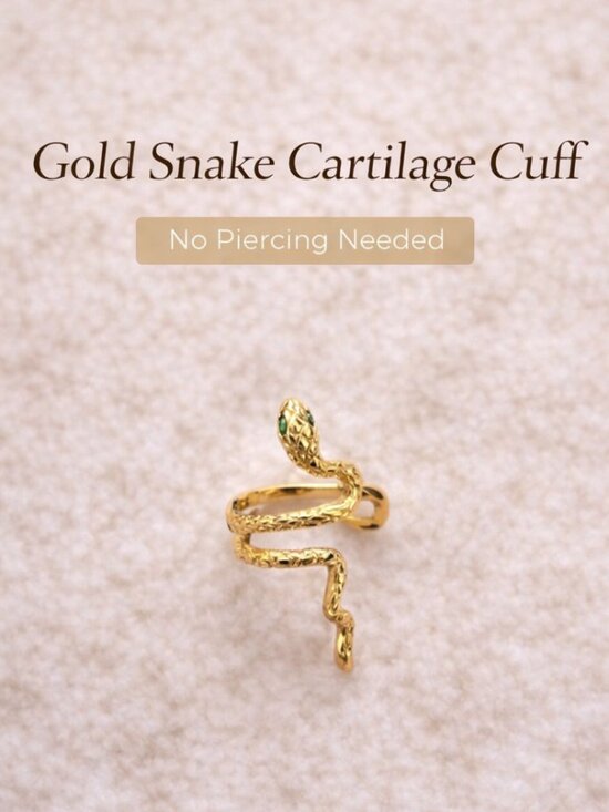 Jewelry - Gold Snake Ear Cuff | Green Eyes | Cartilage Wrap | No Piercing Needed